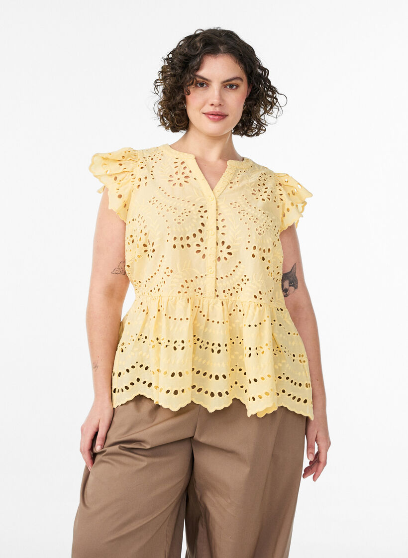 Ermel&oslash;s bluse i broderie anglaise med volanger, Gul, Model image number 0