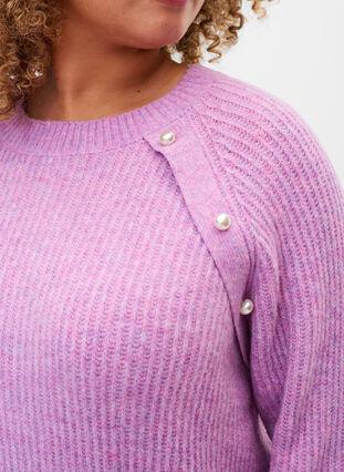 Melert strikkegenser med perleknapper, Purple Mel., Model image number 2