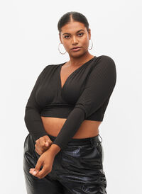 Cropped topp med lange ermer, Black, Model