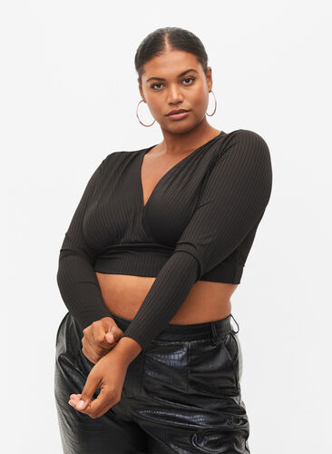 Cropped topp med lange ermer, Black, Model image number 0