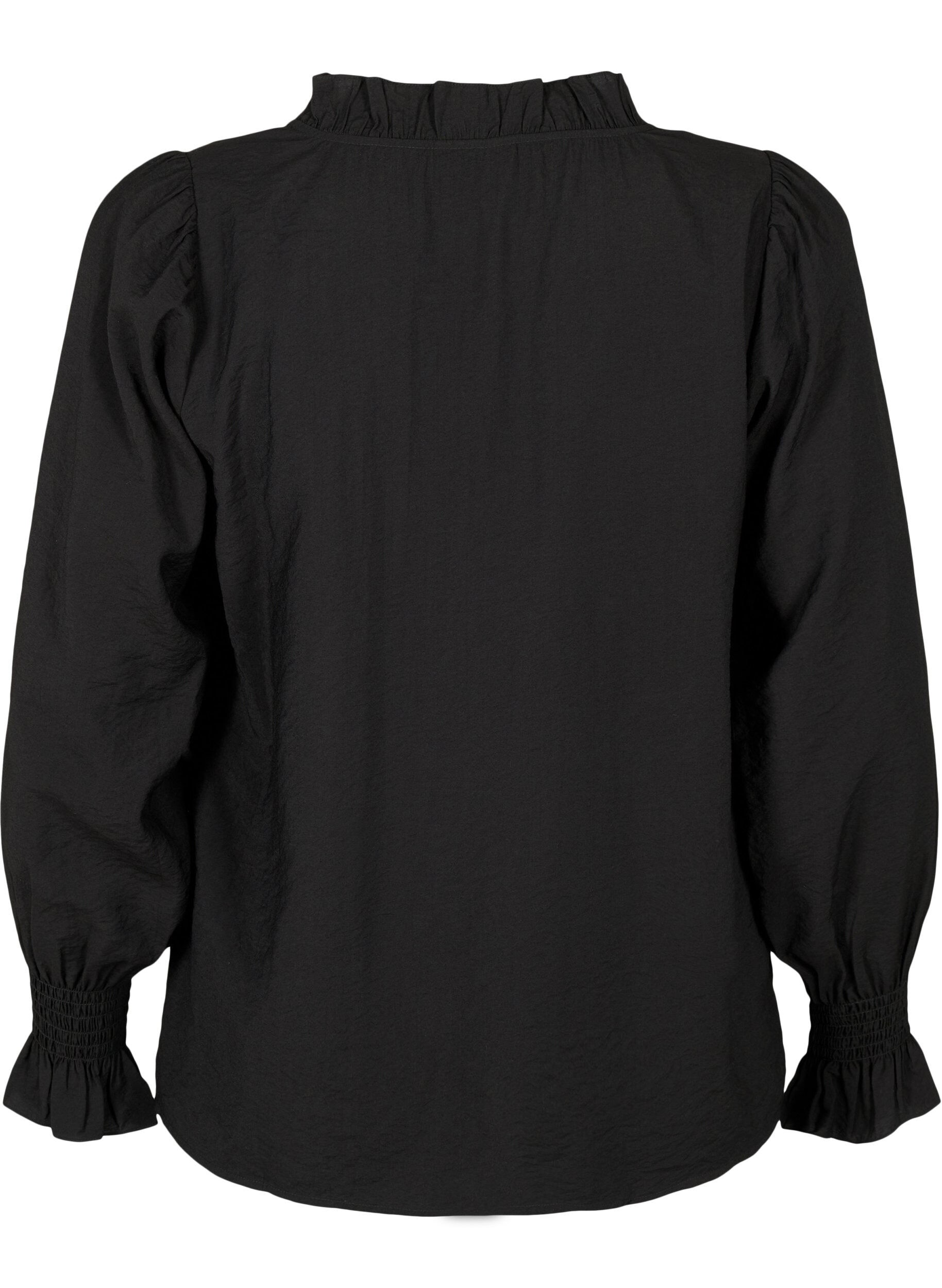 Zizzi Langermet viskosebluse med rynkedetaljer, Black, Packshot image number 1