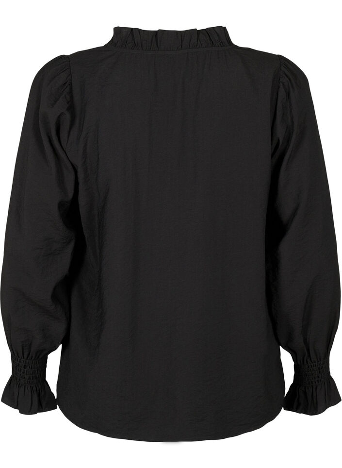 Langermet viskosebluse med rynkedetaljer, Black, Packshot image number 1