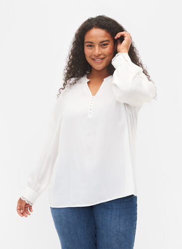 Langermet bluse med V-hals , Bright White, Model image number 0