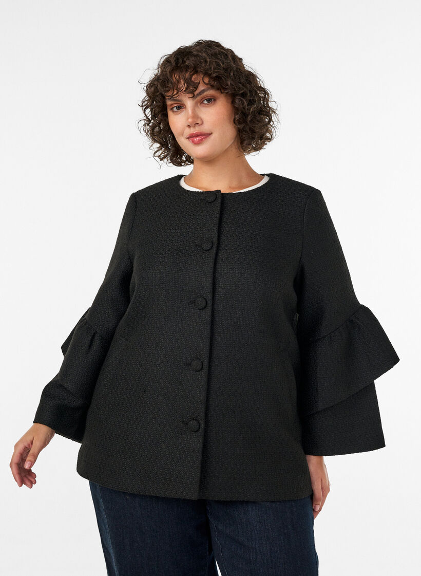 Boucl&eacute; jakke med rysjedetaljer, Svart, Model image number 3