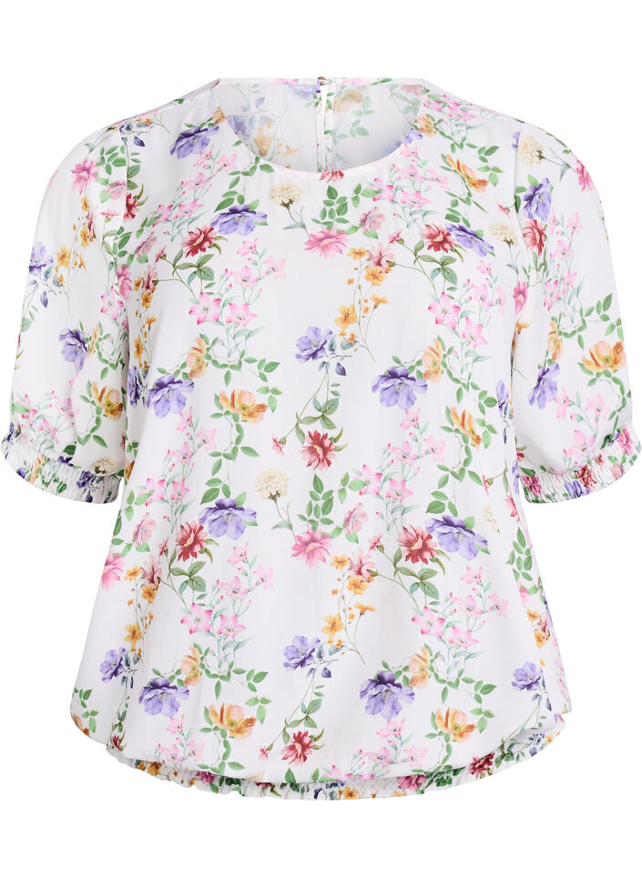 Blomstrete bluse med smock, Rosa, Packshot image number 0