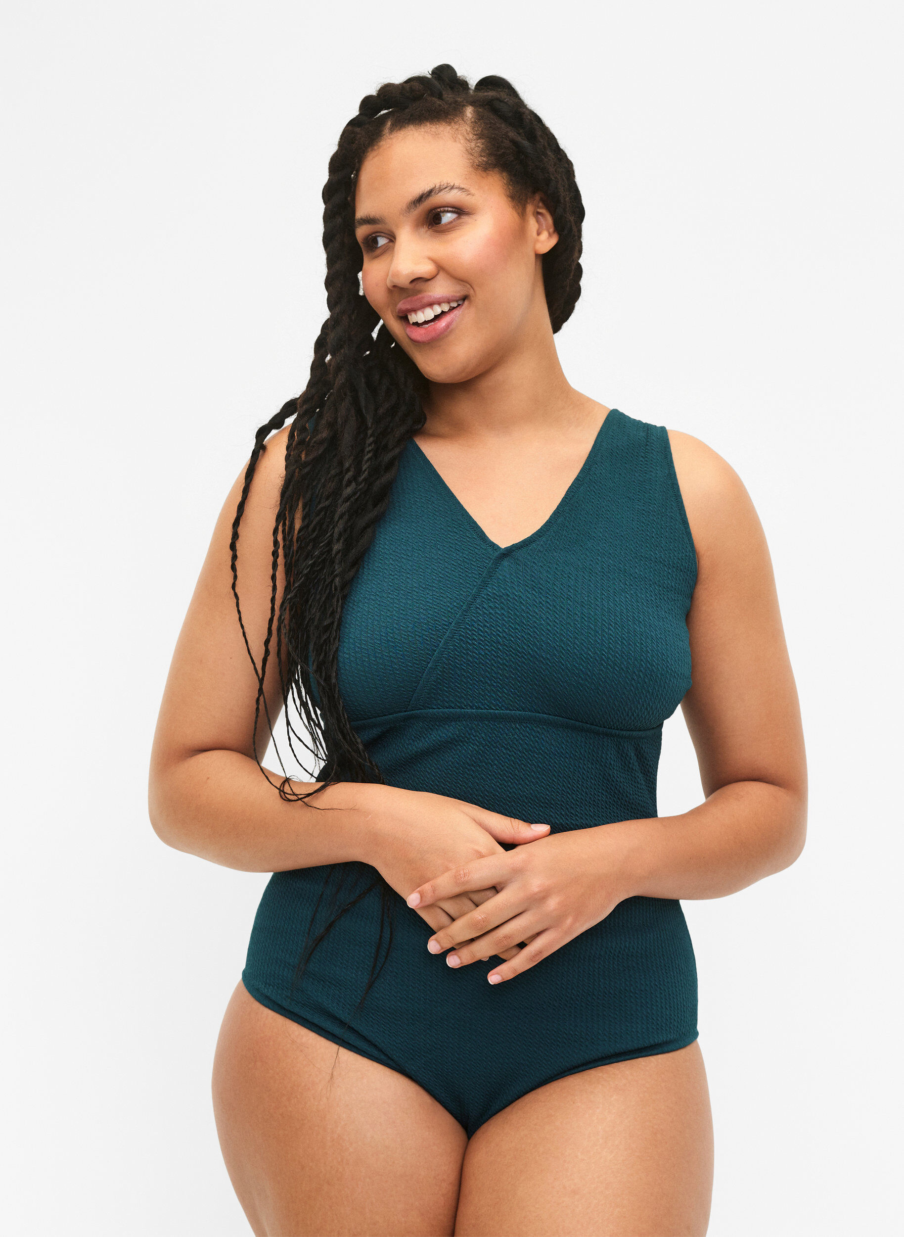 Zizzi Badedrakt med crepe-struktur og omslagseffekt, Dark Sea, Model image number 0