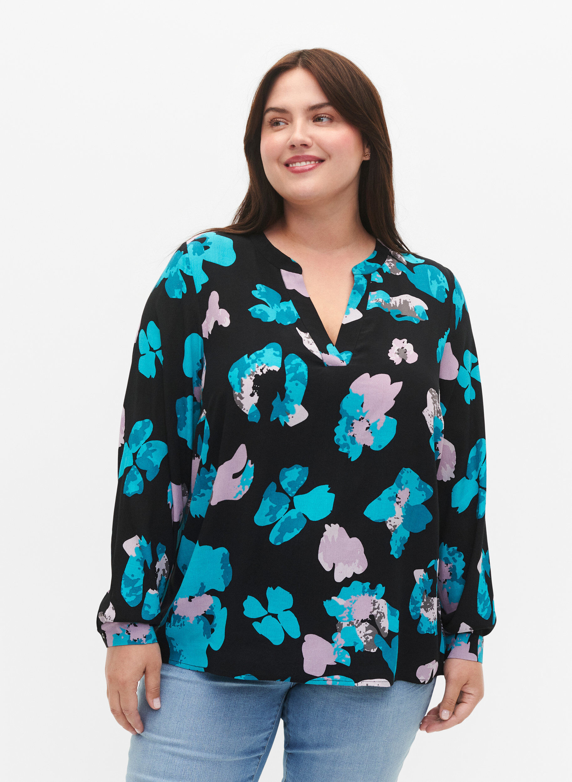 Zizzi Langermet viskosebluse med print, Blue AOP, Model image number 0