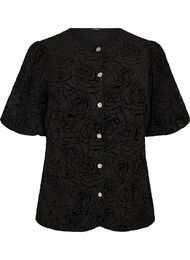 Bluse med blomstertrykk og ballongermer, Svart