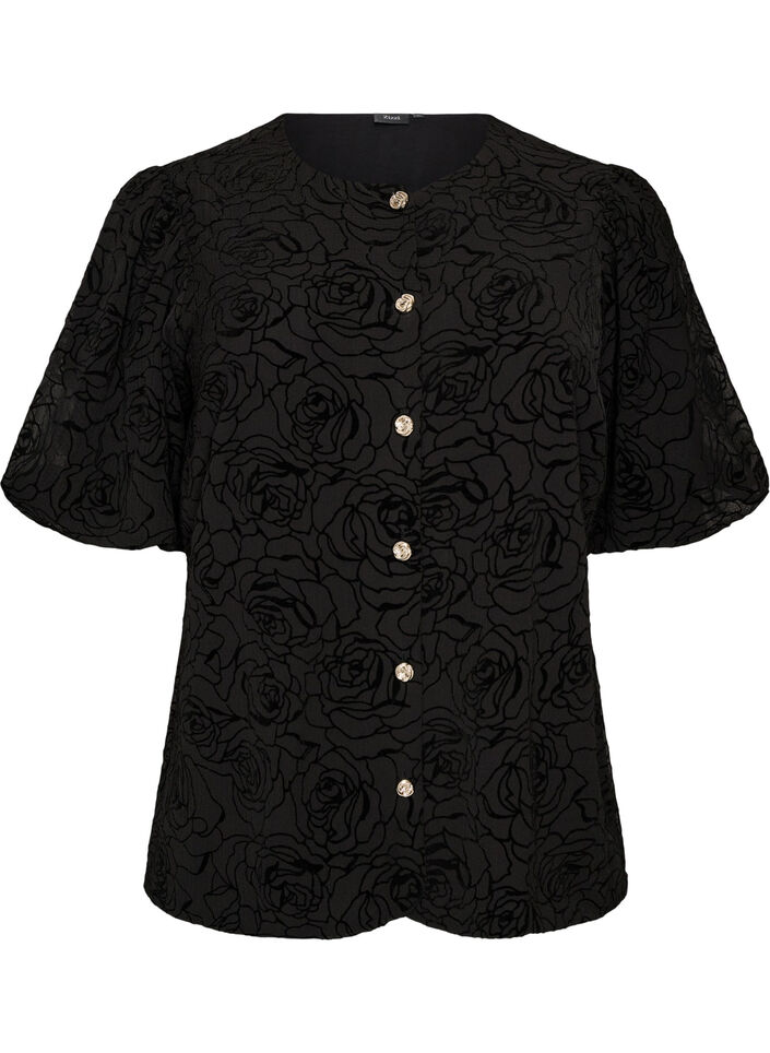 Bluse med blomstertrykk og ballongermer, Svart, Packshot image number 0