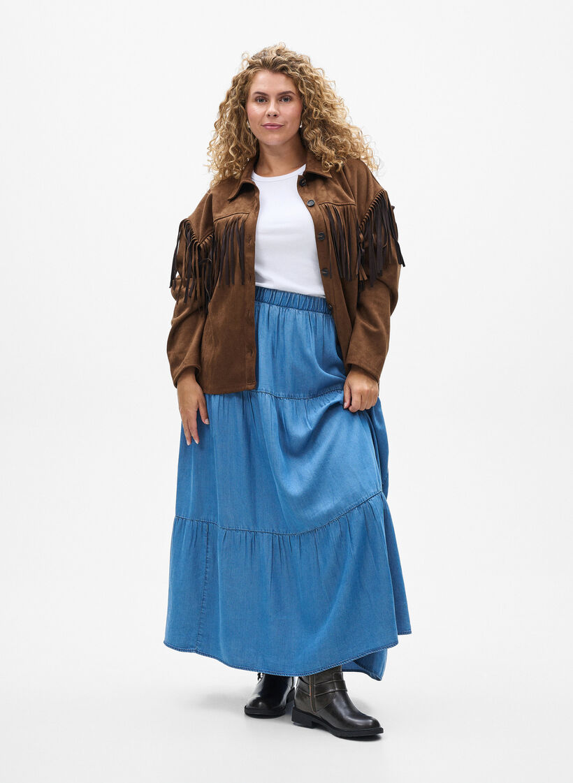 Denim maxiskjørt med volanger, Blue Denim, Model