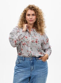 Skjorte med blomstertrykk og smale striper, Svart Skjorte med blomstertrykk og smale striper, Svart, Model