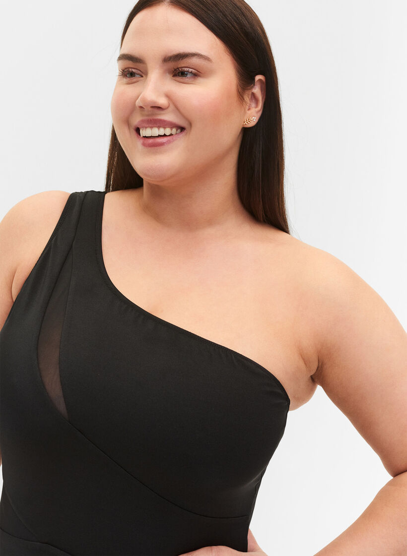 One-shoulder badedrakt med mesh, Black, Model image number 2