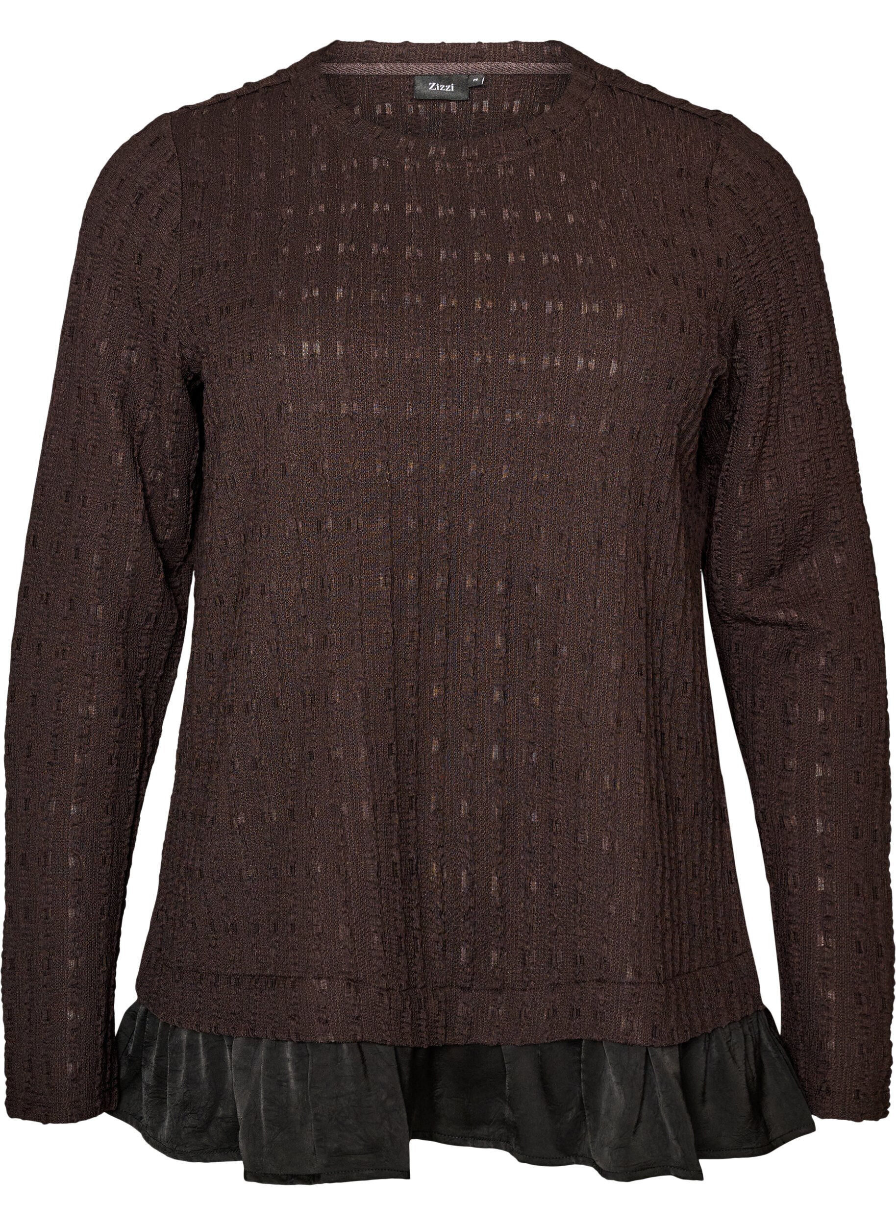 ZizziBluse med struktur og volangkant, Brun, Packshot image number 0