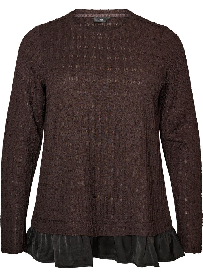 Bluse med struktur og volangkant, Brun, Packshot image number 0