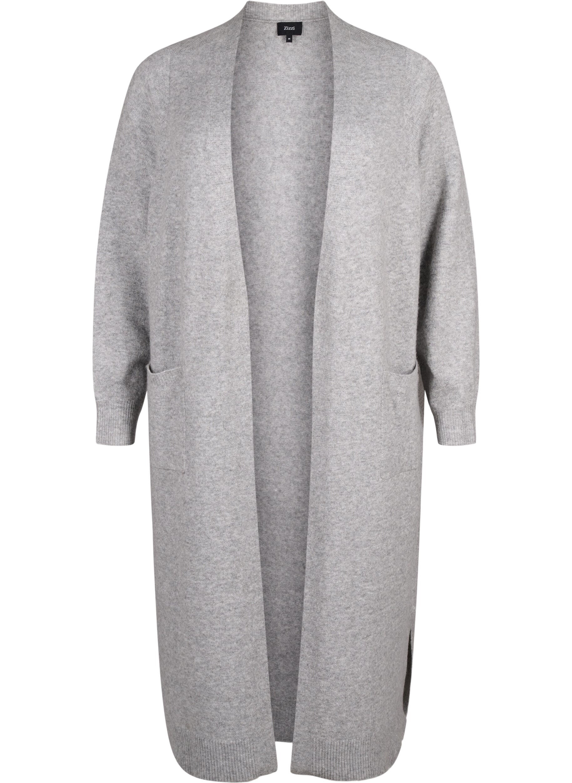 Zizzi Lang strikket cardigan med lommer, Light Grey Melange, Packshot image number 0