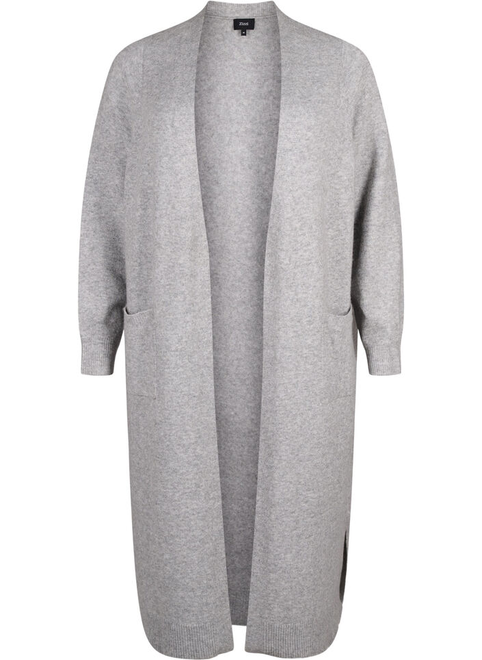 Lang strikket cardigan med lommer, Light Grey Melange, Packshot image number 0