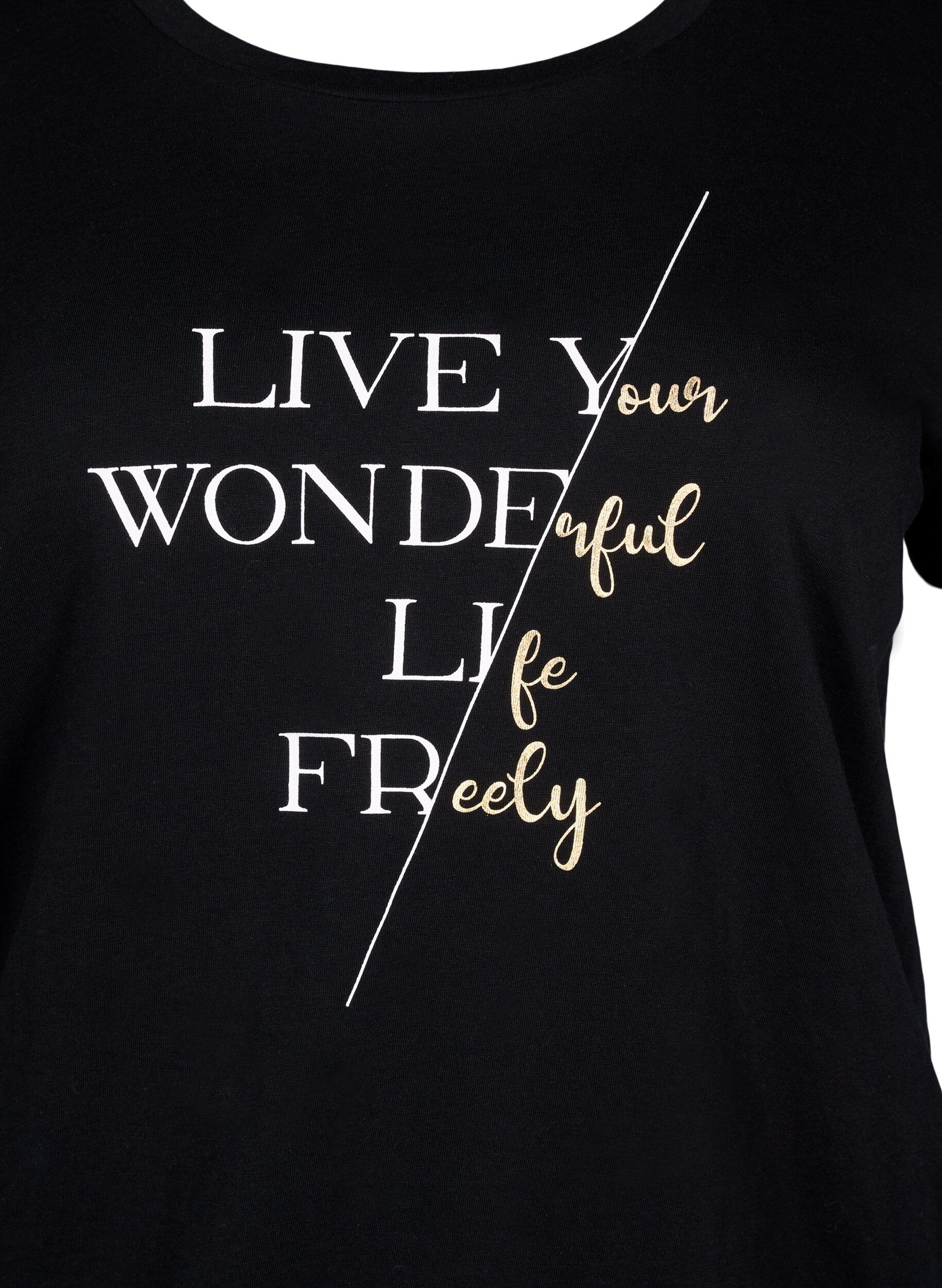 Zizzi Kortermet T-skjorte i bomull med elastisk kant, Black w. Live, Packshot image number 2