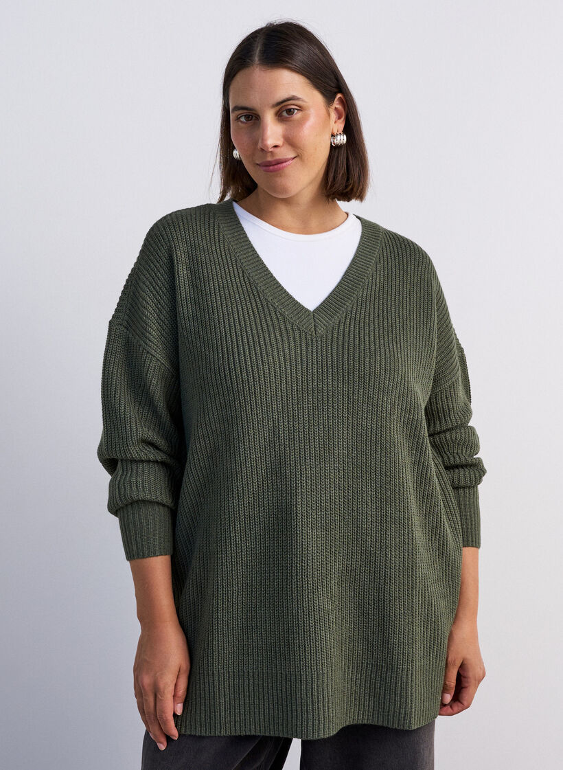 Lang ribbestrikket bluse med V-hals, Gr&oslash;nn, Model image number 0