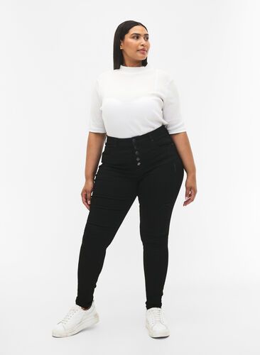 Amy-jeans med høy midje og knapper, Black, Model image number 0