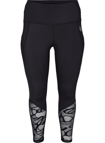 Cropped tights med mønstret mesh, Black, Packshot image number 0