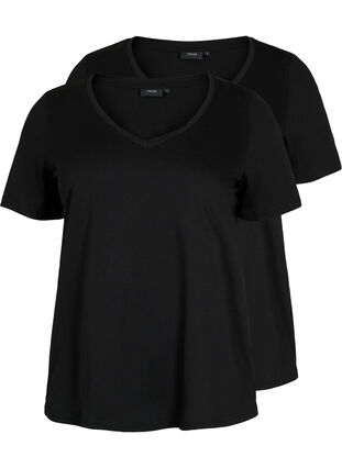 T-skjorte med V-hals, 2 stk, Black / Black, Packshot image number 0