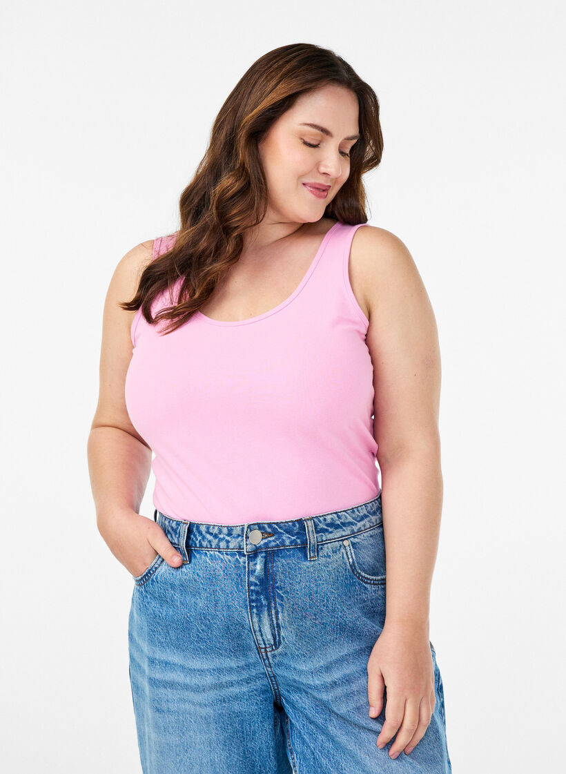 Ensfarget basic topp i bomull, Rosa, Model image number 0