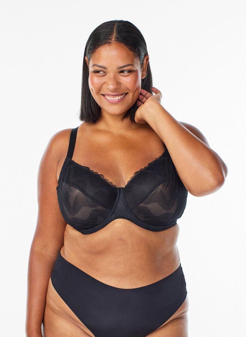 Heldekkende BH i mesh med bølgemønster, Svart, Model image number 0