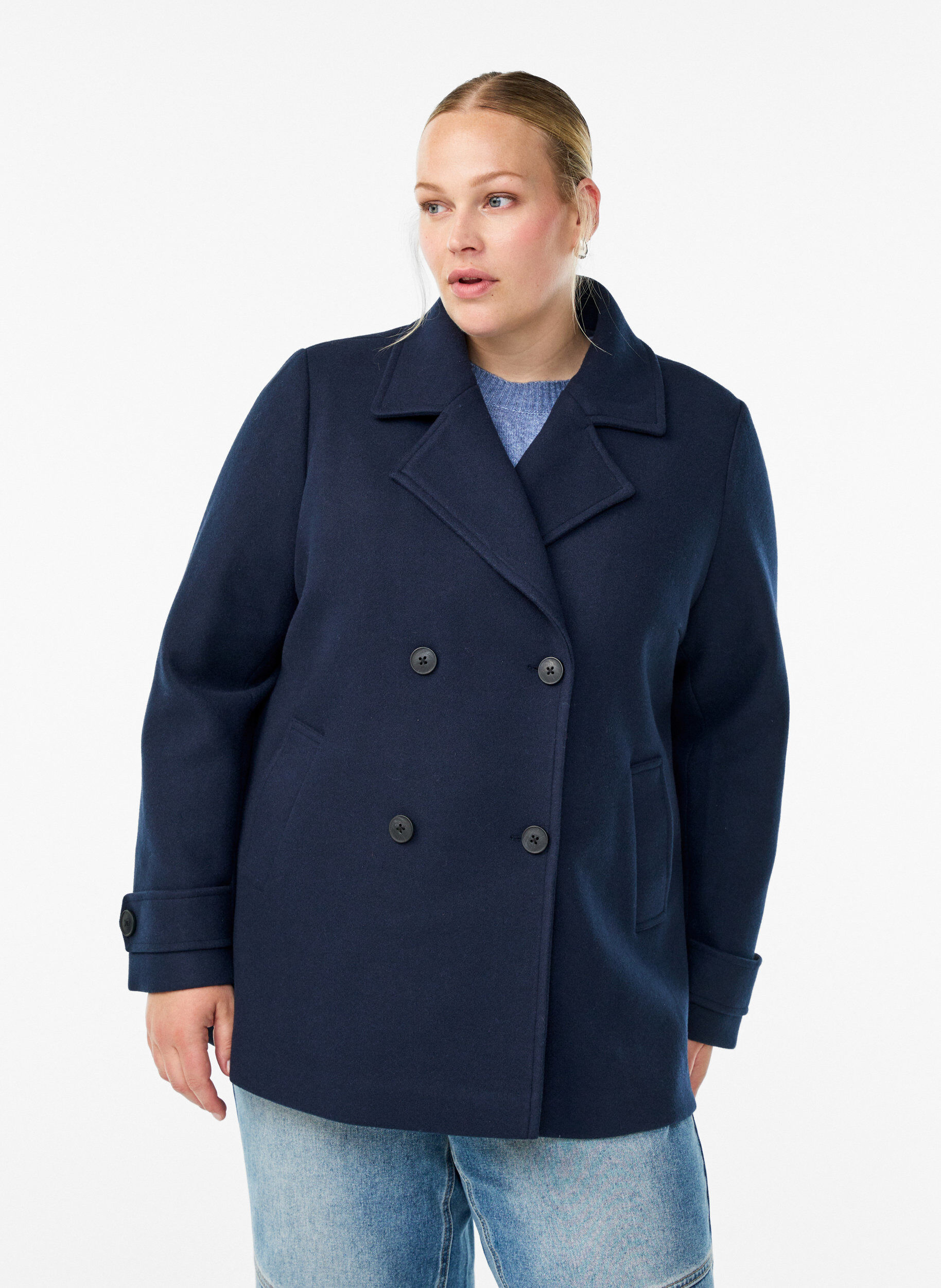Kort k&aring;pe med dobbeltradede knapper, Bl&aring;, Model