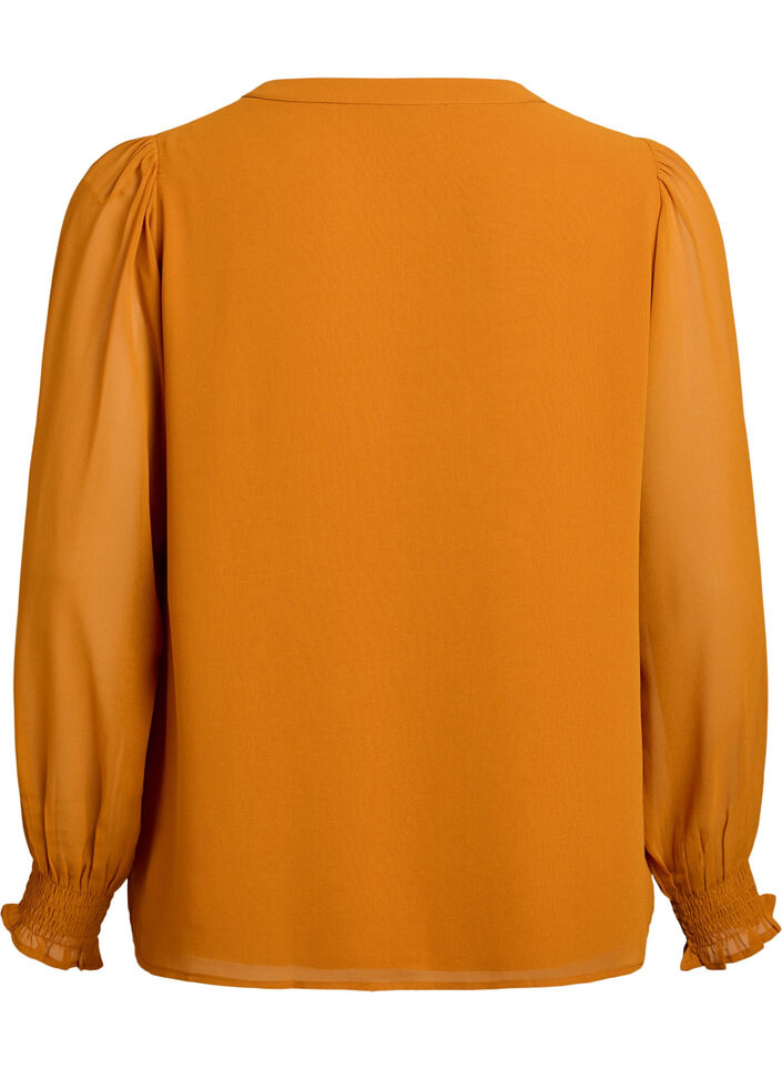 Bluse med gjennomsiktige ermer og smockdetaljer, Pumpkin Spice, Packshot