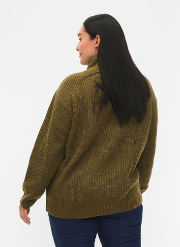 FLASH - strikket genser med høy hals og glidelås, Dark Olive Mel., Model image number 1
