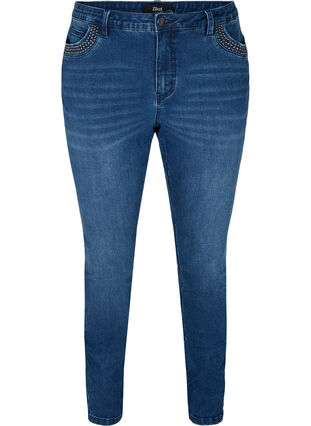 Nille jeans med høyt liv og nagler, Medium Blue denim, Packshot image number 0