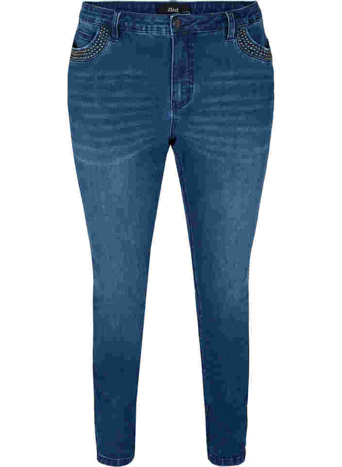 Nille jeans med høyt liv og nagler, Medium Blue denim