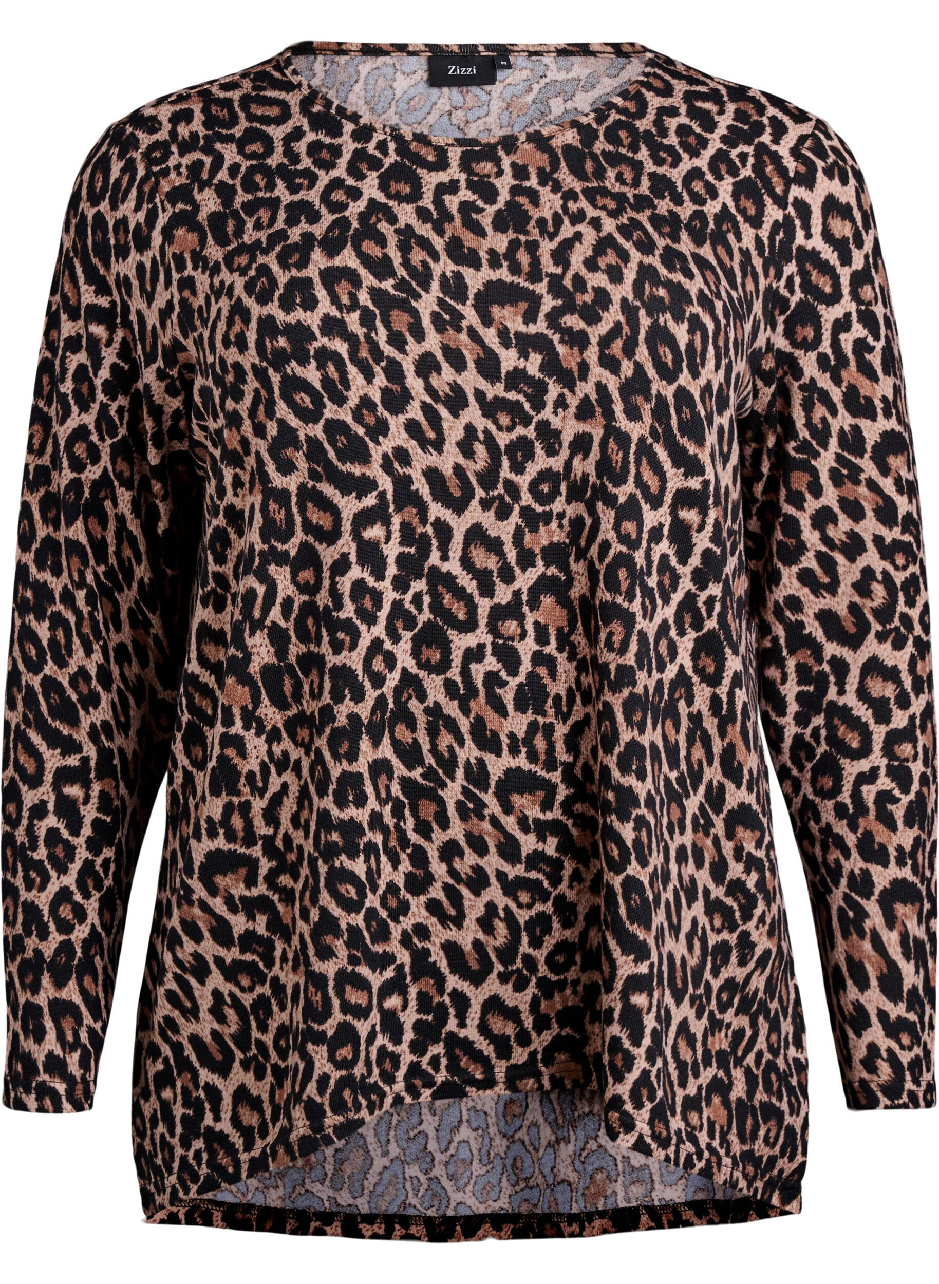 Zizzi Leopardm&oslash;nstret bluse med lange ermer, Brun, Packshot image number 0