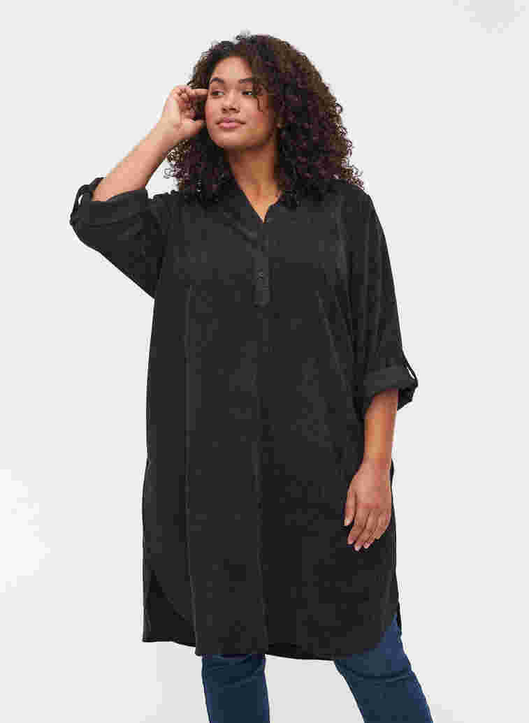 Fløyelskjole med 3/4-ermer og knapper, Black, Model image number 0