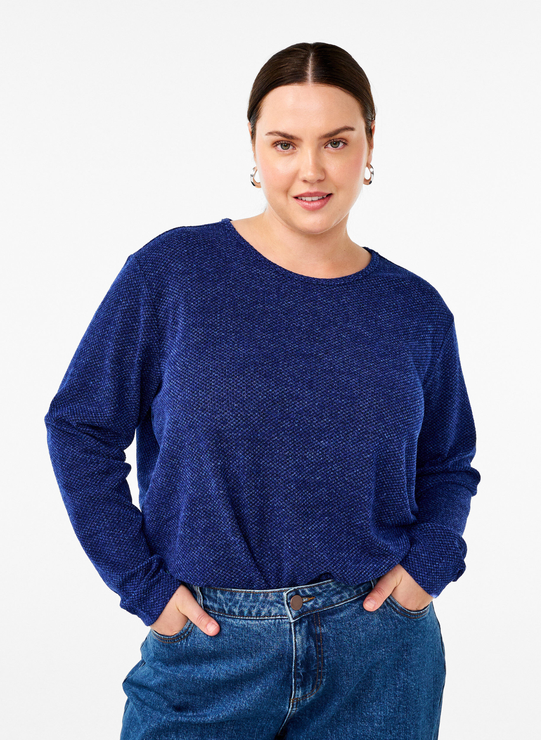 Zizzi Melange Bluse med rund hals og lange ermer, Sodalite Blue, Model image number 0