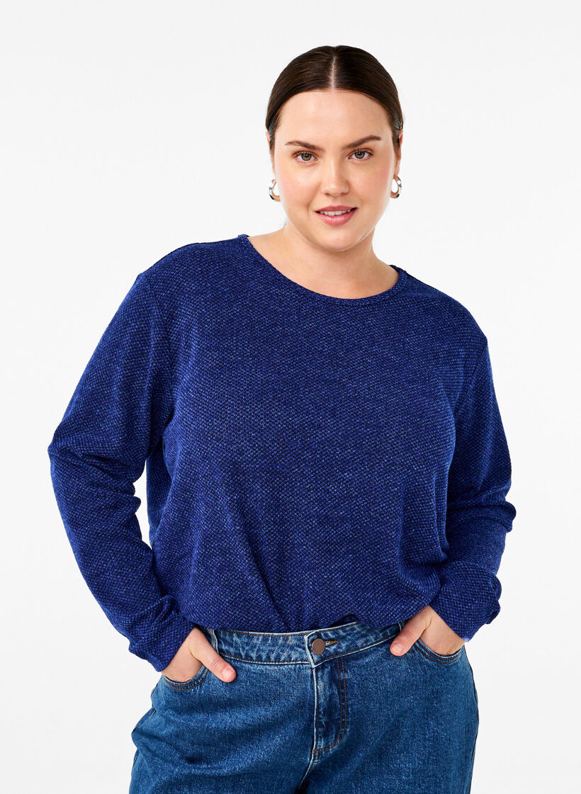 Melange Bluse med rund hals og lange ermer, Sodalite Blue, Model image number 0