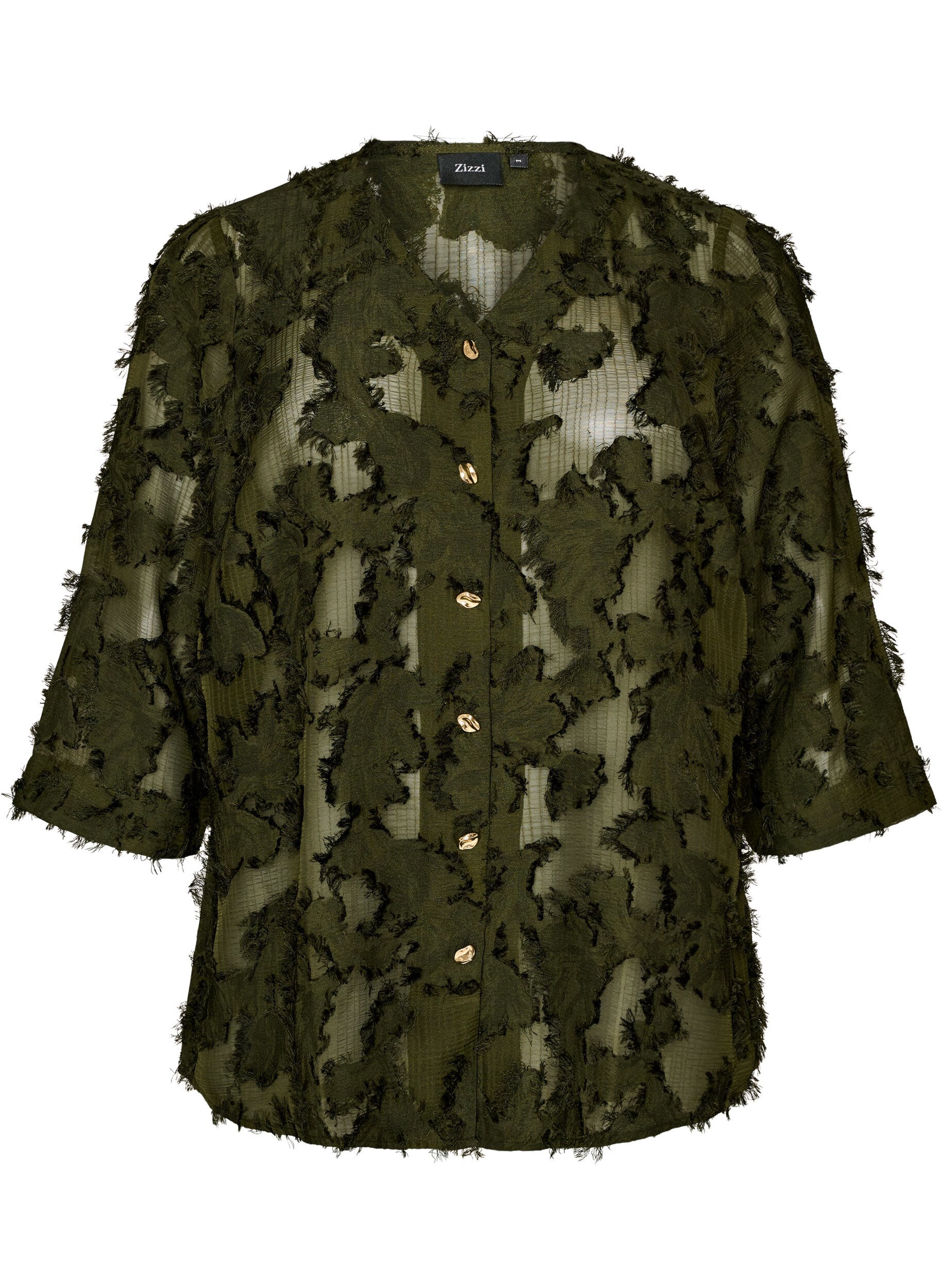 ZizziBluse med frynsete tr&aring;der og tekstur, Gr&oslash;nn, Packshot image number 0