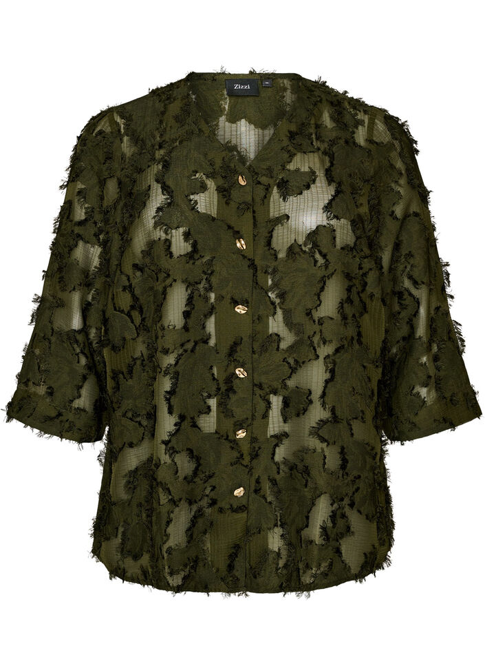 Bluse med frynsete tr&aring;der og tekstur, Gr&oslash;nn, Packshot image number 0