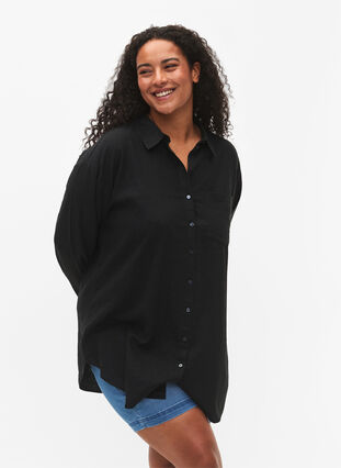 Lang skjorte i lin og viskoseblanding, Black, Model image number 0