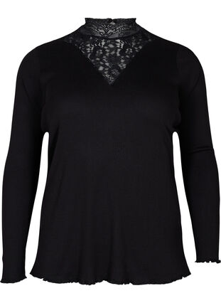 Høyhalset bluse med blonder, Black, Packshot image number 0