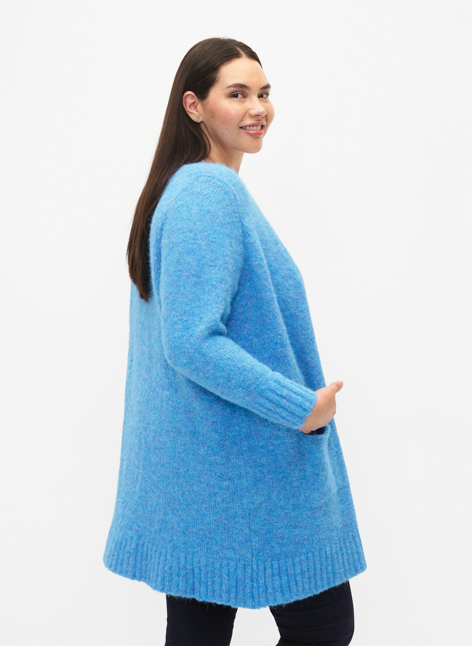 Zizzi Lang strikket cardigan i ull med lommer, French Blue, Model image number 1