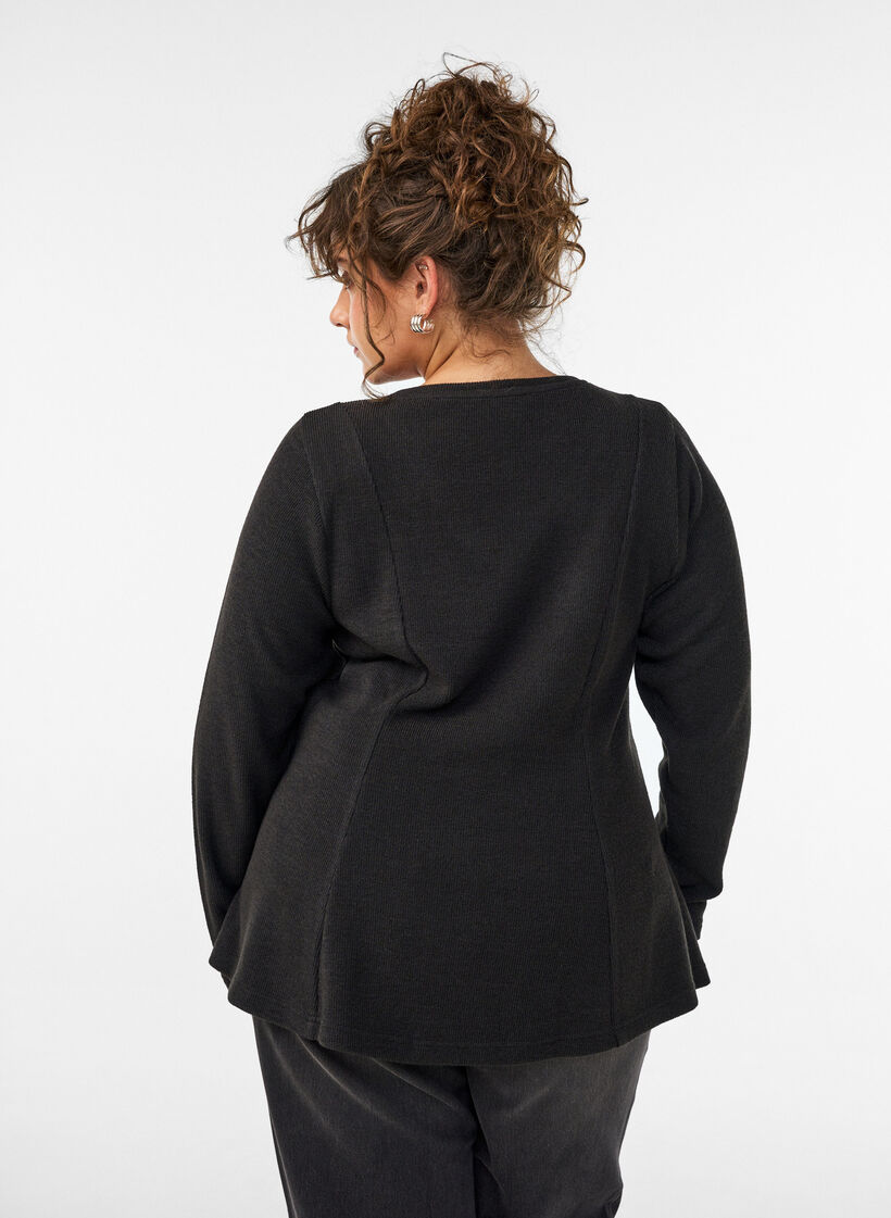 Jersey bluse med ribbet tekstur og A-linje passform, Svart, Model image number 2