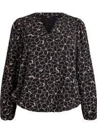 Langermet bluse med blomsterbroderi, Svart