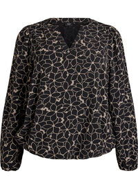 Langermet bluse med blomsterbroderi, Svart Langermet bluse med blomsterbroderi
