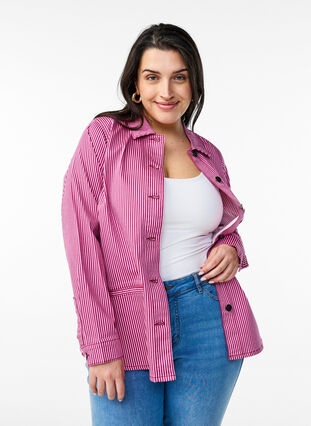 Zizzi Stripete skjorte med lommer, Rød, Model image number 0