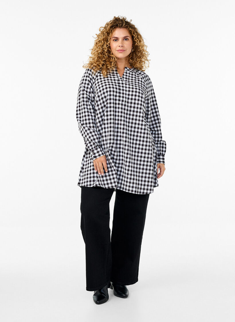 Rutete tunika med V-hals, Black/W. Gingham, Model image number 2