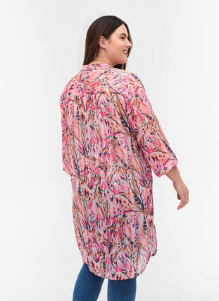 Blomstrete tunika med V-hals og lange ermer, Pink Feather, Model image number 1