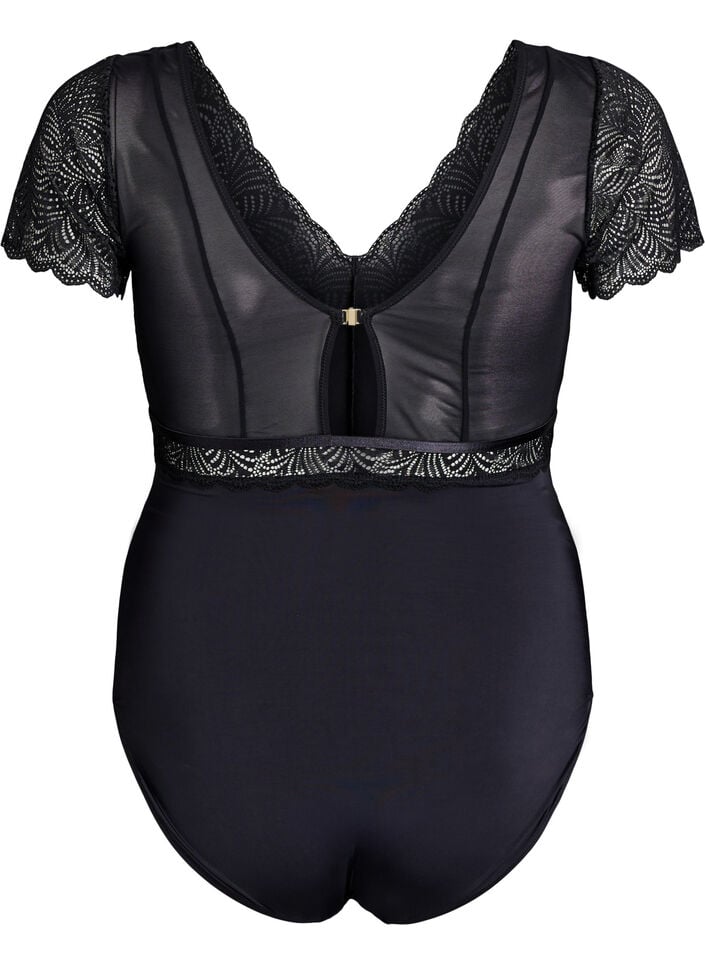 Body med blonder og korte ermer, Svart, Packshot image number 1