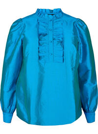 Skinnende skjortebluse med volanger