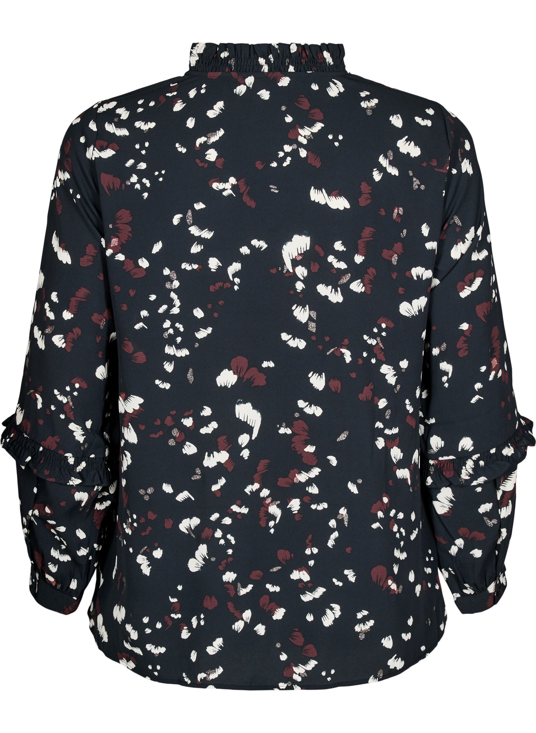Zizzi Bluse med trykk og volangdetaljer, Svart, Packshot image number 1